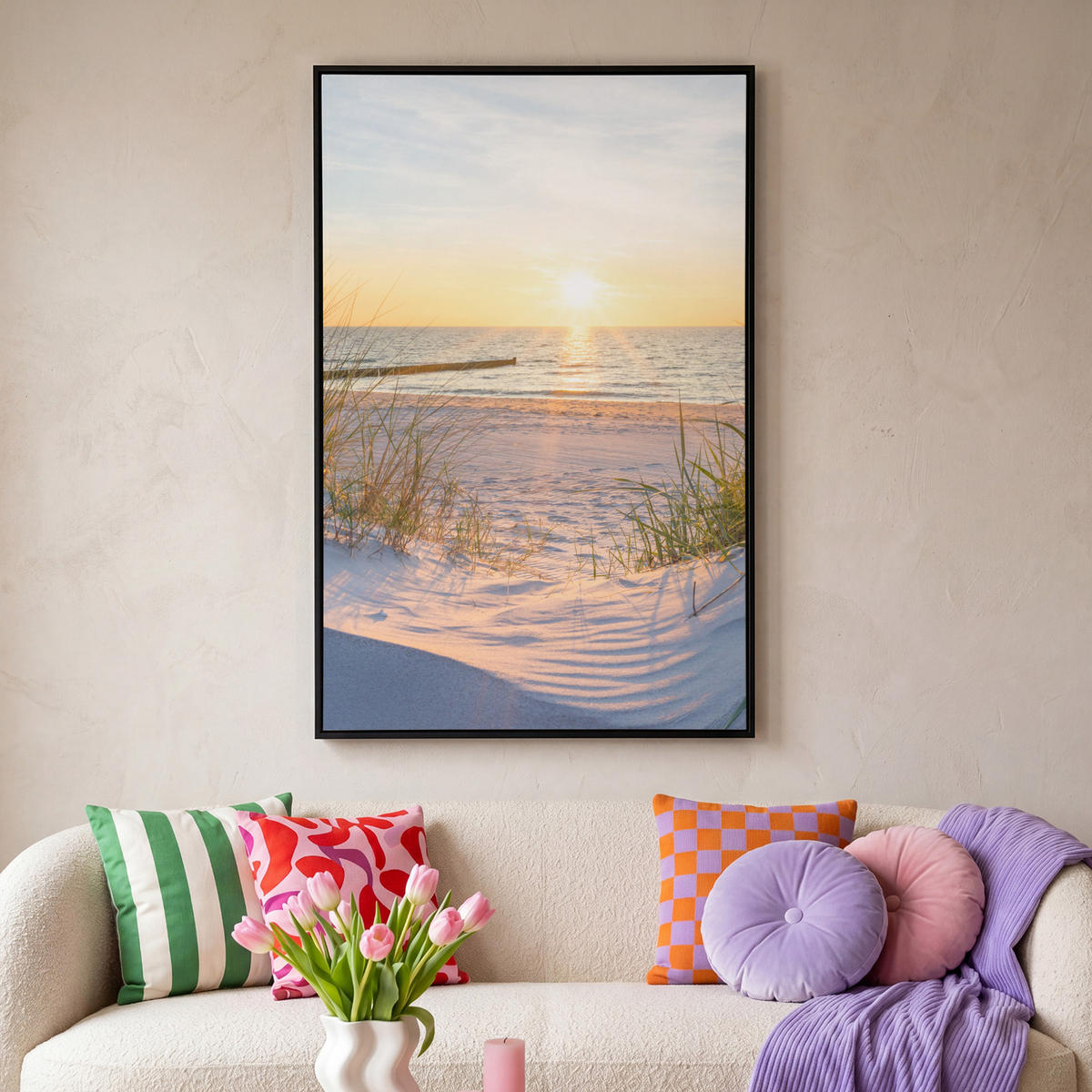 LEINWAND Bilder mit Rahmen - Strand - Sonne - Düne - Gras - Sand - Horizont - 80x120 - Hellblau, Textil (80/120cm) - MuchoWow