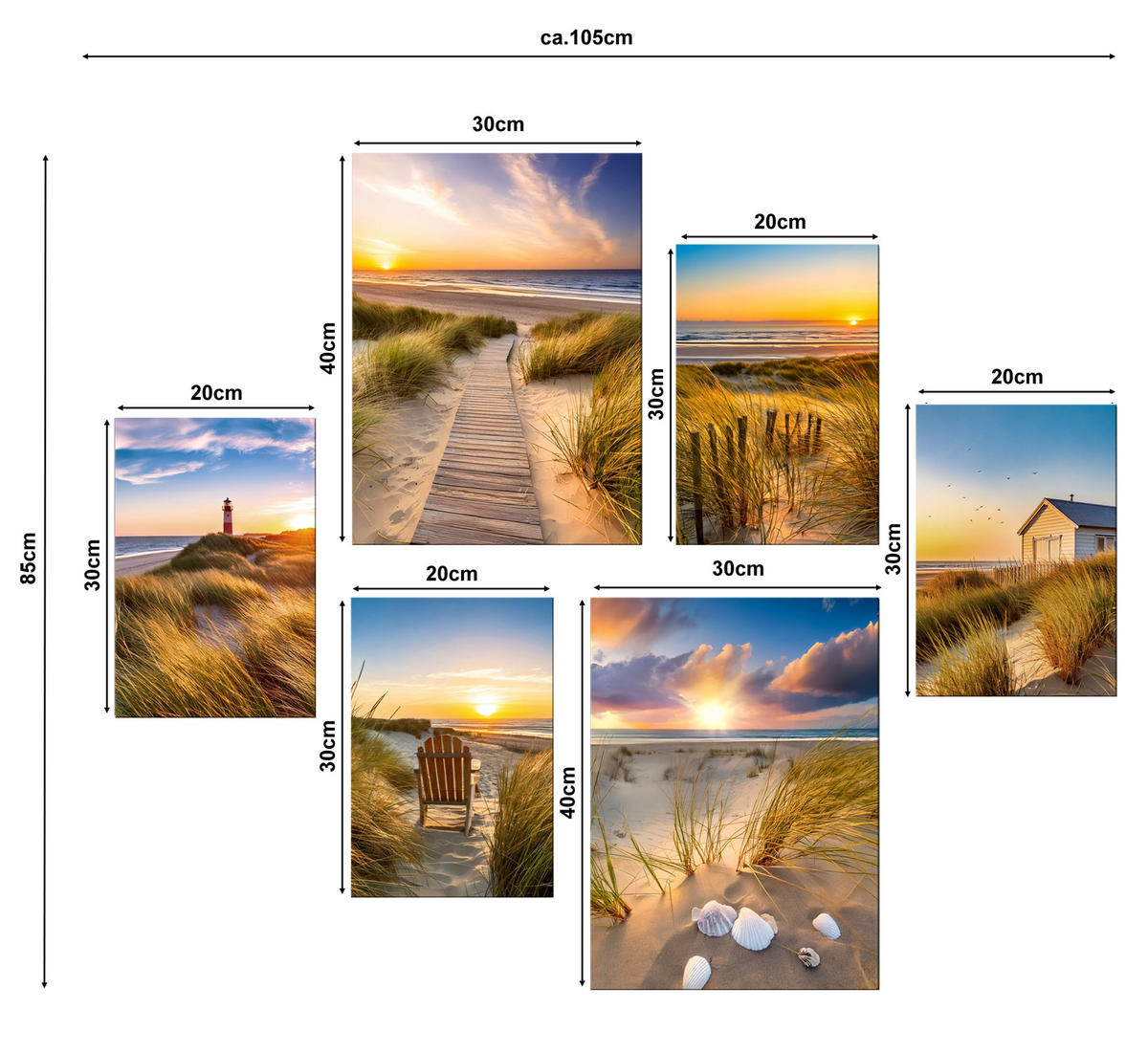 BILDERSET 6er-Set 30x40 cm + 20x30 cm Strand Sonnuntergang - Beige, Kunststoff (105/85cm) - artissimo