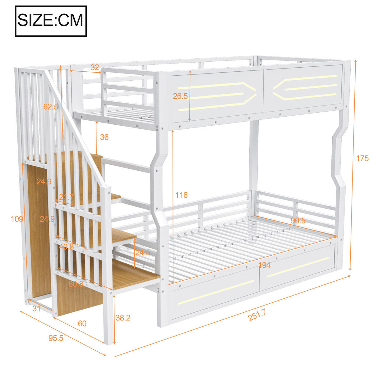 VÝŠKOVÁ posteľ 90/200 cm biela s LED osvetlením, úložnými schodmi a skriňou z MDF a kovu - biela, kompozitné drevo (90/200cm) - OKWISH