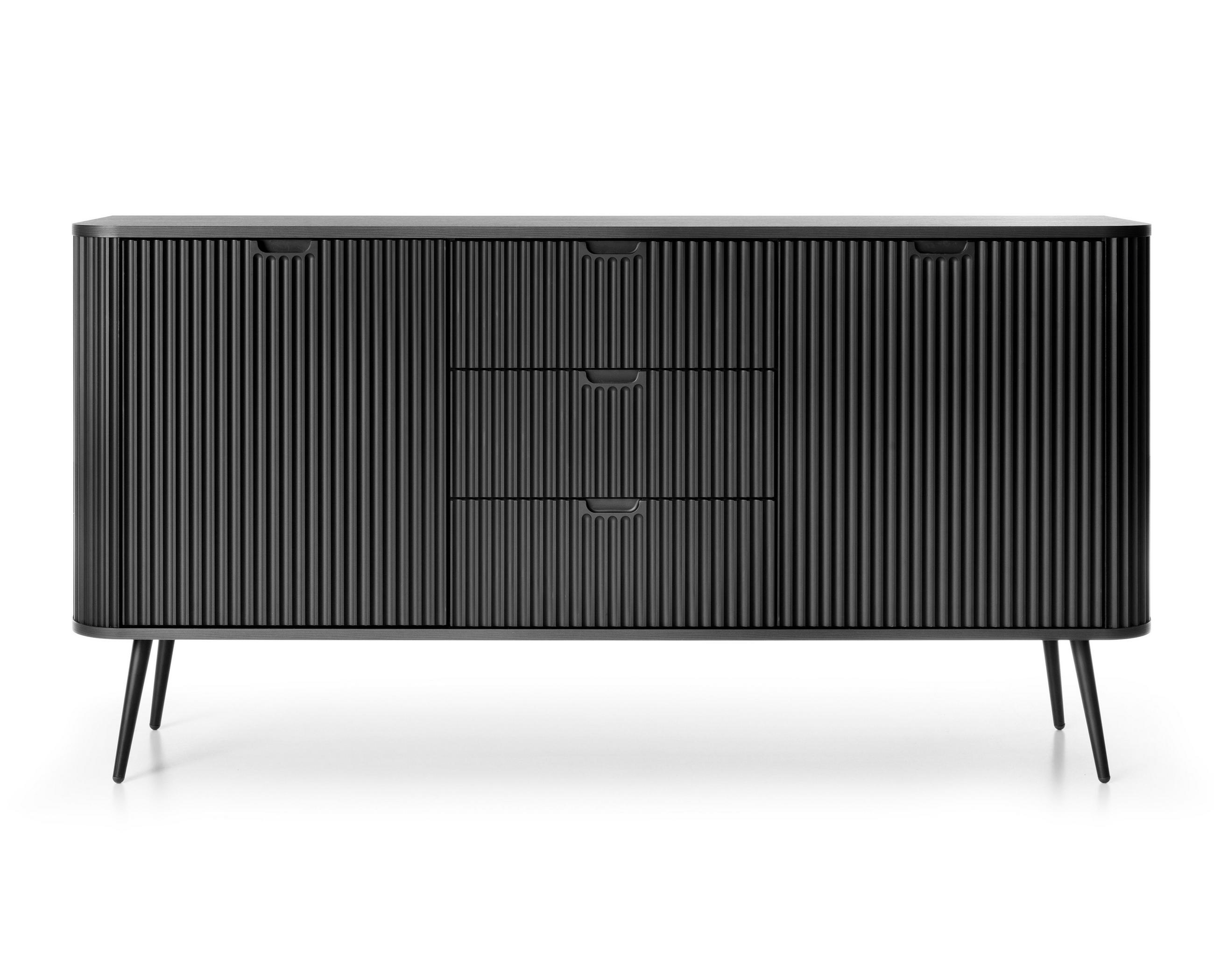 SIDEBOARD Salvia 2T 3S Schwarz 168/87/39 cm – mit geriffelten Fronten und hohen Beinen - Schwarz, Holzwerkstoff/Metall (168/87/39cm) - AX Living