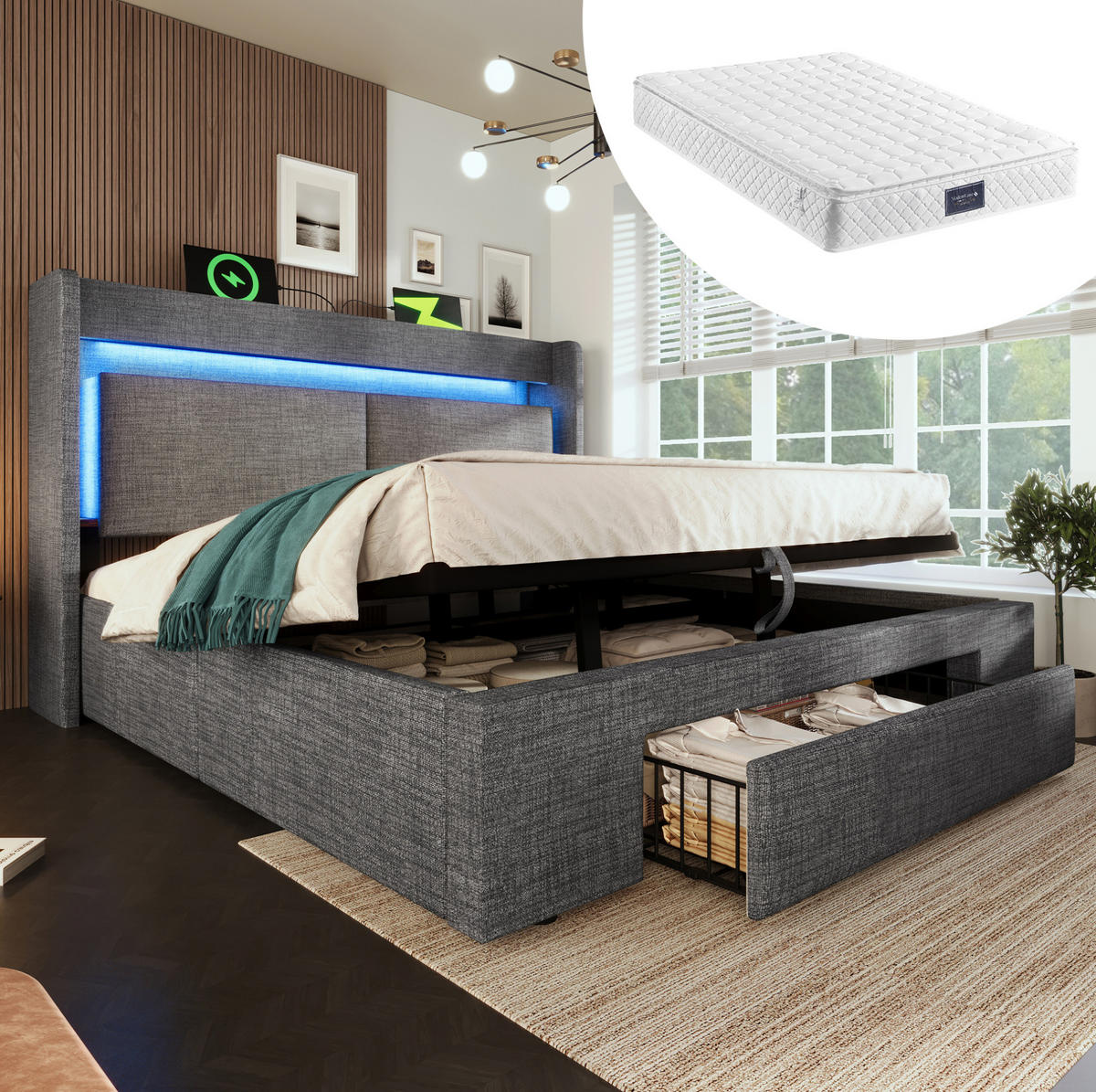 POLSTERBETT 160/200 cm Grau aus Leinen mit Stauraum und Matratze - Grau, Textil (160/200cm) - OKMYHOME