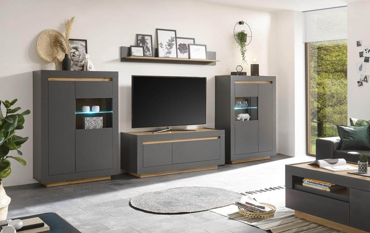 VITRINE anthrazit, Wotan Eiche, Highboard mit viel Stauraum - Eichefarben/Anthrazit, Glas/Holzwerkstoff (96/136/38cm) - Furn.Design