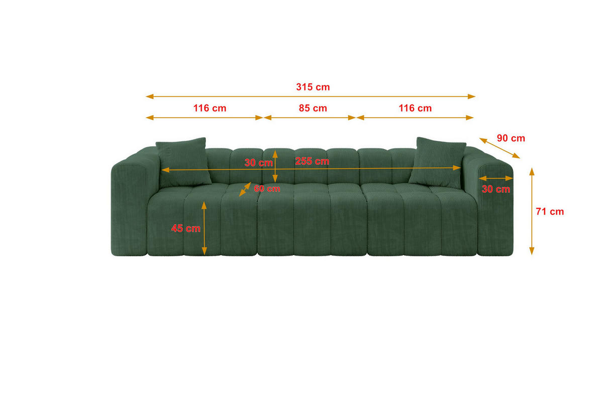 POHOVKA 3-MÍSTNÁ DONY-3 315x90x71 cm Zelená Manšestr - černá/zelená barva, kompozitní dřevo/textil (315/71/90cm) - ALTDECOR