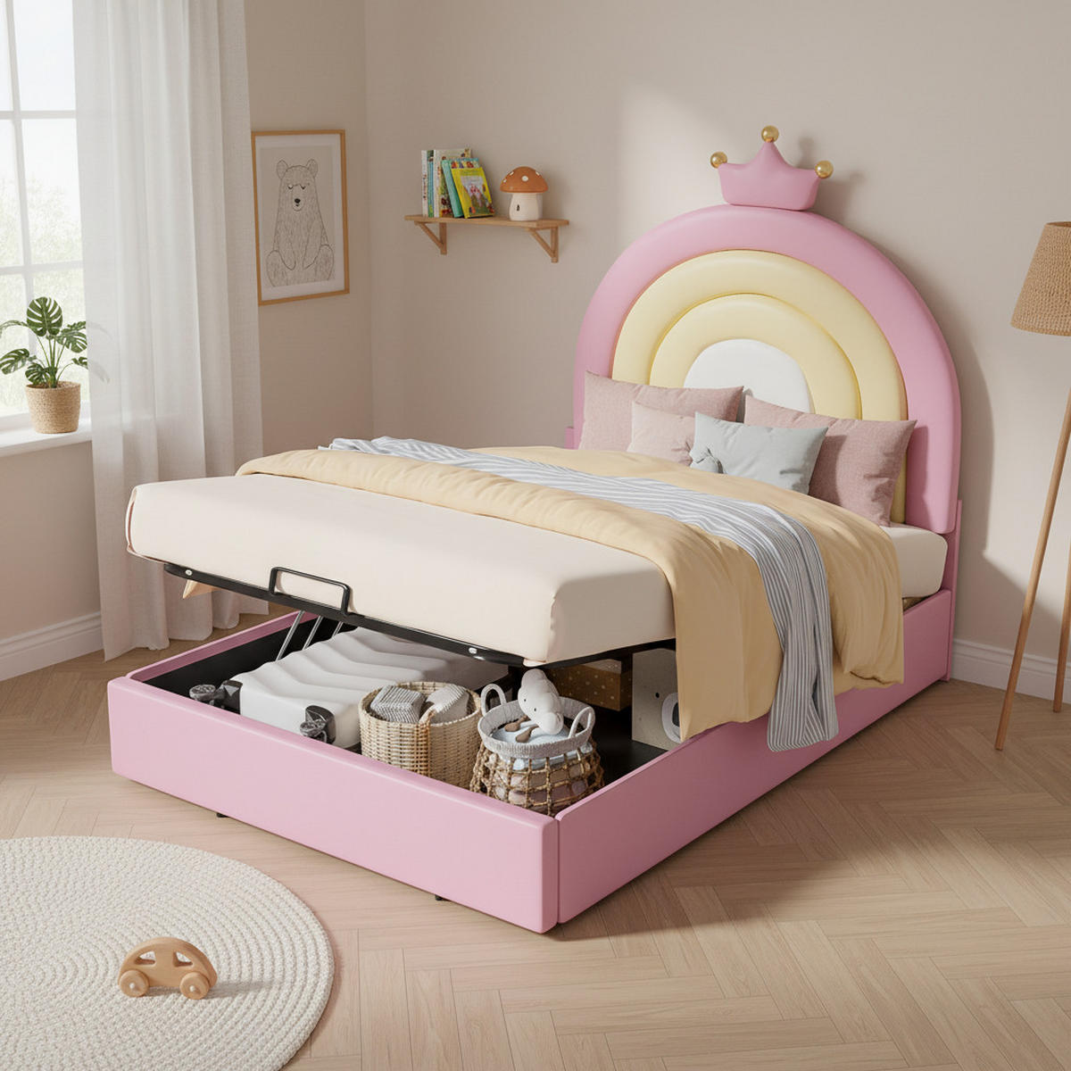 POLSTERBETT 90x200 Hydraulisch Lattenrost Kopfteil PU Rosa - Pink, Leder - FLIEKS