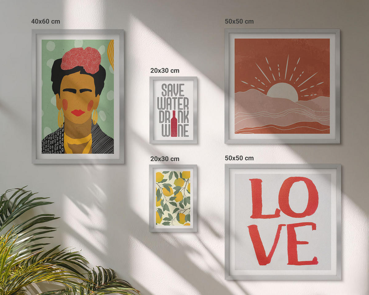 BILDER SET 5er Set - 50x50 cm & 20x30 cm & 40x60 cm Silberner Rahmen - Zitronen Inschrift Liebeslandschaft Frida - Silberfarben, Kunststoff (40/60cm) - TULUP