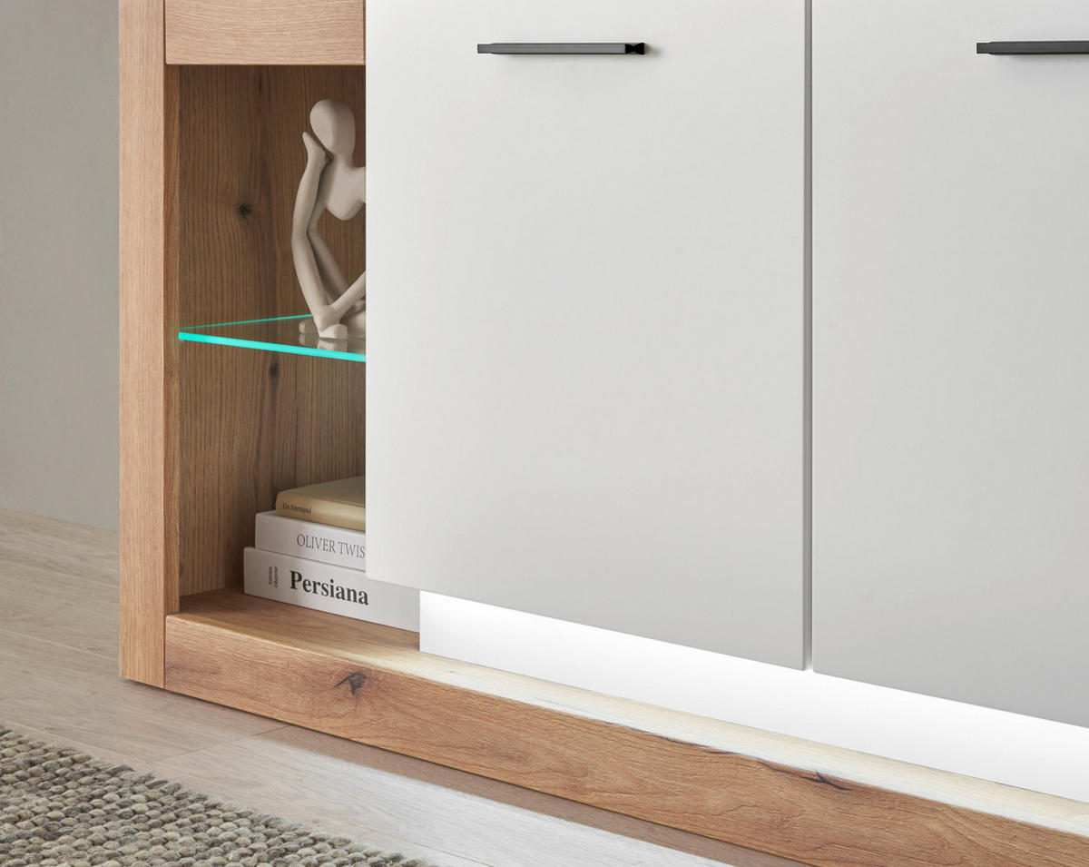 TV-LOWBOARD weiß matt, Evoke Eiche, TV Unterteil Komforthöhe XL-Board - Eichefarben/Silberfarben, Glas/Holzwerkstoff (198/61/43cm) - Furn.Design