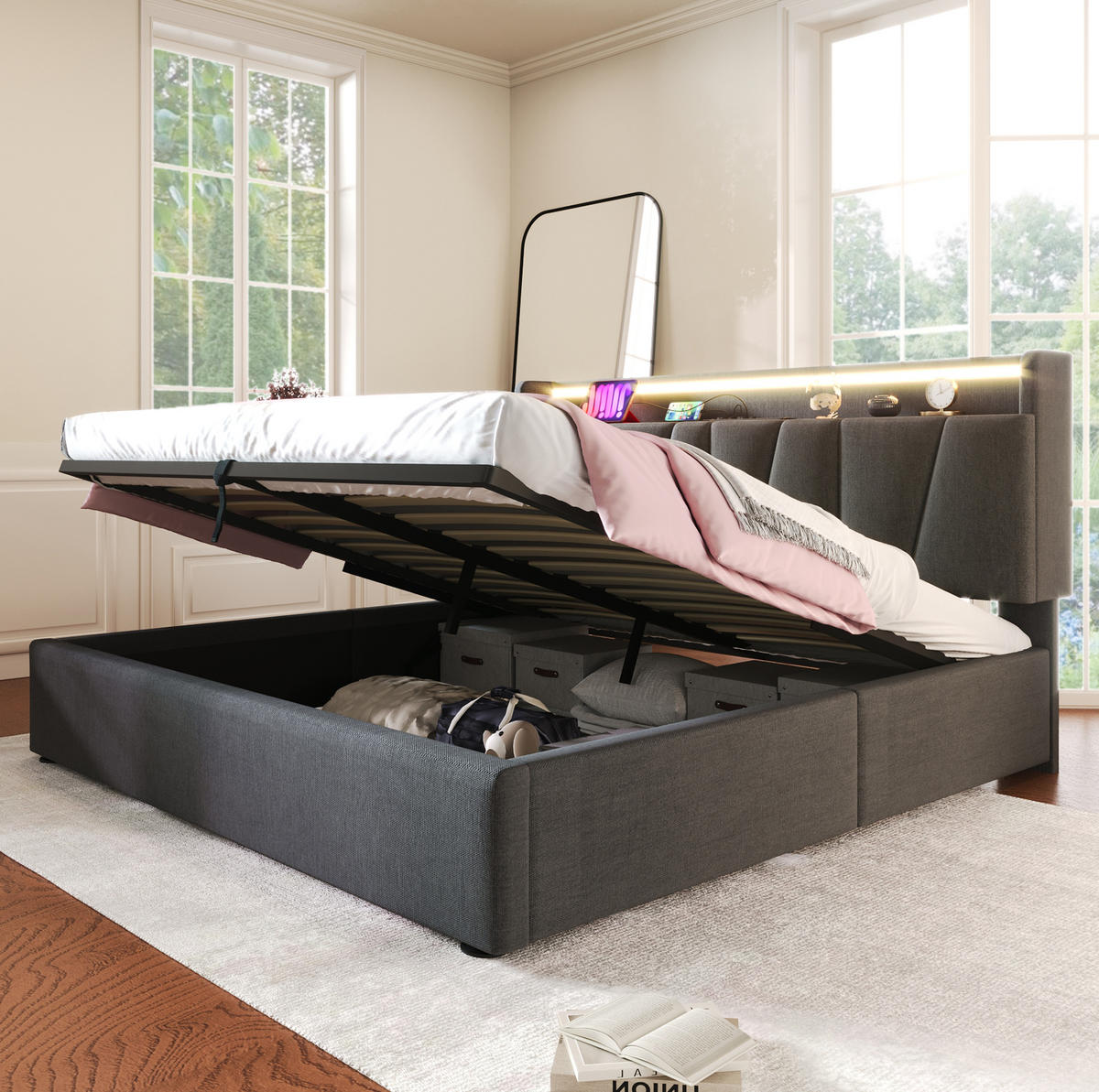 BETT mit Stauraum und LED 160x200 cm Leinen Grau - Grau, Metall (160/200cm) - Meubliv