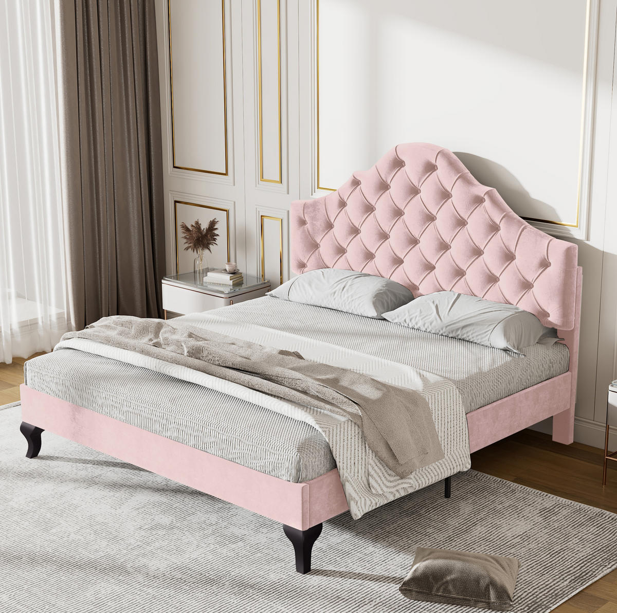 POLSTERBETT 140/200 cm Rosa aus Samt mit verstellbarem Kopfteil - Rosa, Textil (140/200cm) - OKMYHOME