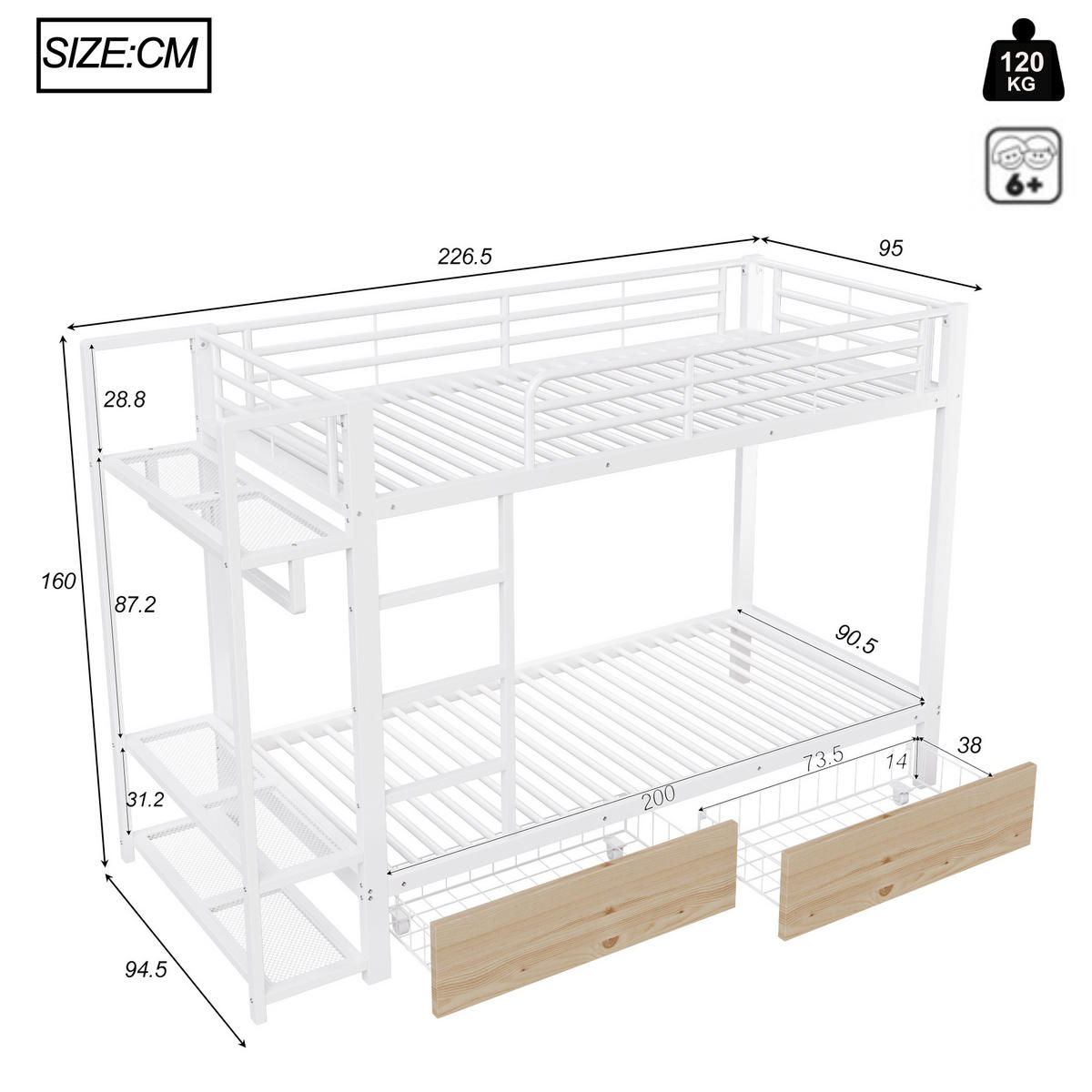 ETAGENBETT 90/200 cm weiß aus Metall mit LED und Stauraum - Weiß, Metall (90/200cm) - OKWISH