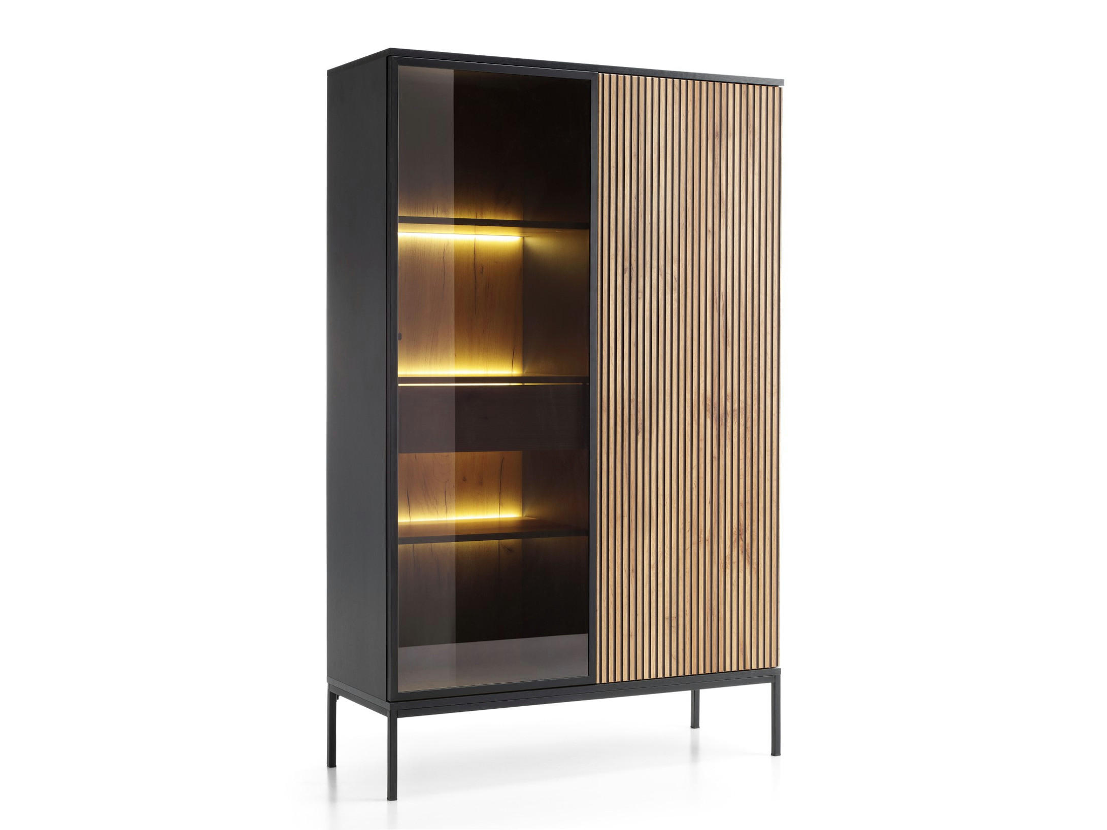 MODERNE Geriffelte Hochvitrine LAGOS W2D1SZ (Schwarz, Eiche Wotan, LED, Metallfüße, Push to Open) - Eiche Wotan/Schwarz, Glas/Holz (104/166/39cm) - Ravio