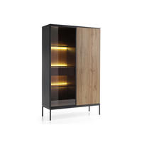 MODERNE Geriffelte Hochvitrine LAGOS W2D1SZ (Schwarz, Eiche Wotan, LED, Metallfüße, Push to Open) - Eiche Wotan/Schwarz, Glas/Holz (104/166/39cm) - Ravio