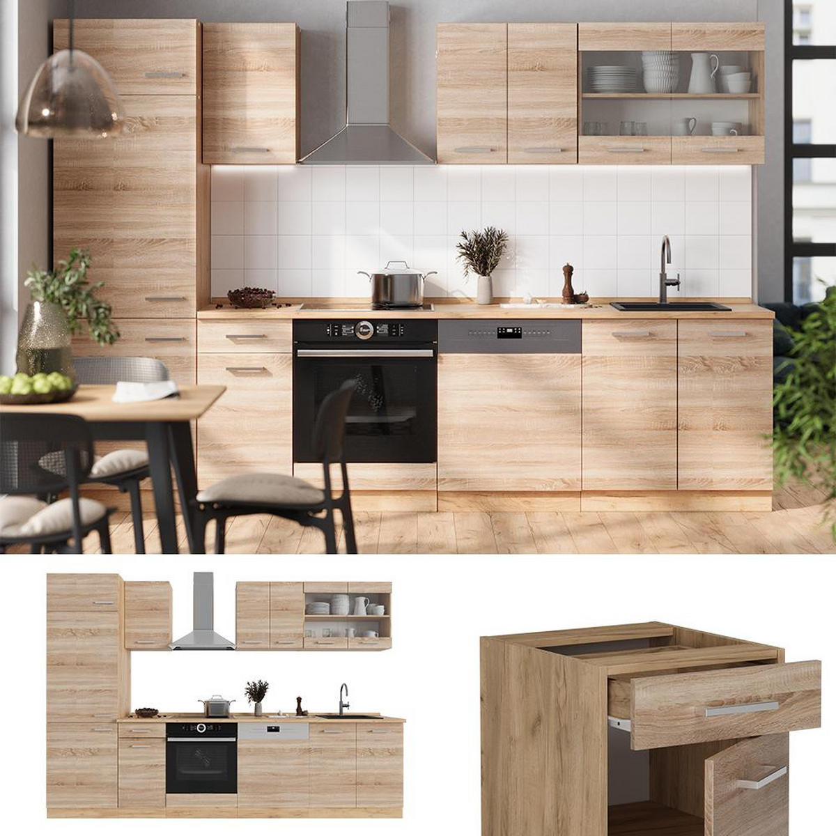 KITCHENETTE R-Line Stejar Sonoma/Goldkraft 300 cm , AP Antracit - stejar Sonoma/stejar miere, compozit lemnos (300/206.8/60cm) - Vicco