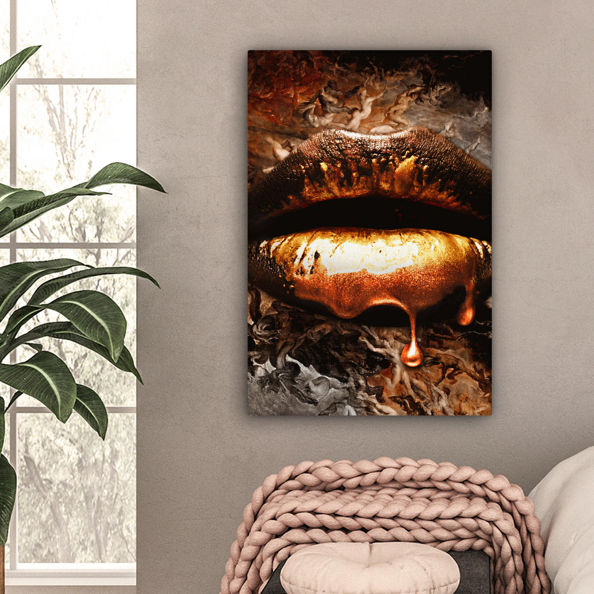 LEINWANDBILD Gold - Lippen - Kunst - Gold - Luxus - Abstrakt Wanddeko Schlafzimmer 60x90 cm - Kupferfarben, Textil (60/90cm) - MuchoWow