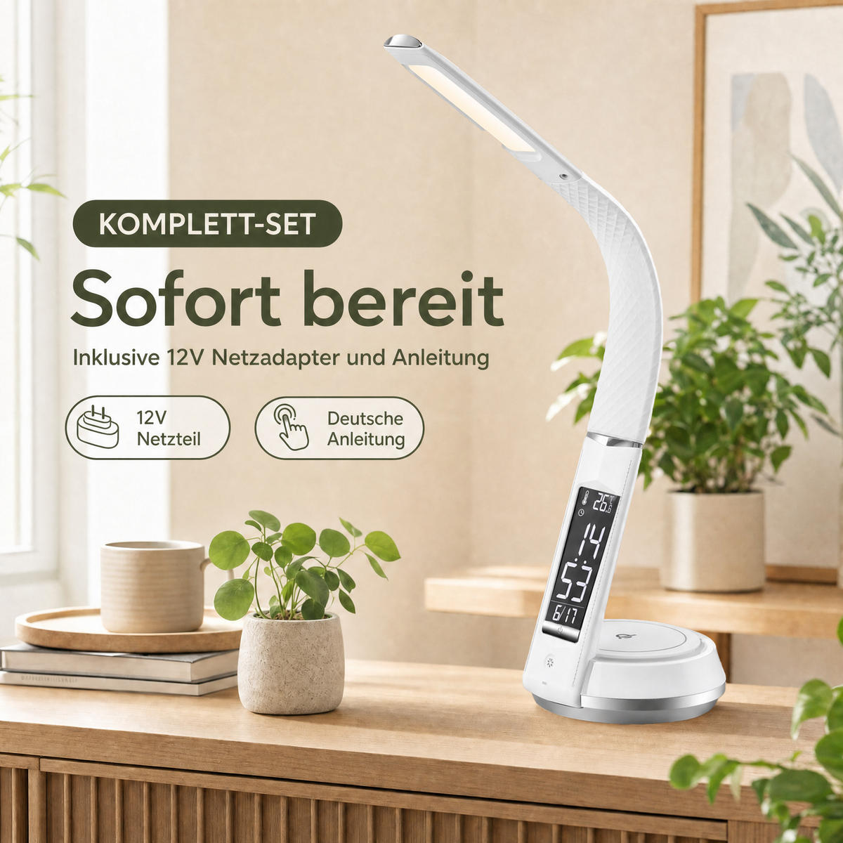 LED-SCHREIBTISCHLAMPE - mit drahtloser QI-Ladestation, Touch-Dimmer und integrierter Uhr für modernes Arbeiten - Weiß, Kunststoff (13.7/13.7/54.5cm) - Northpoint