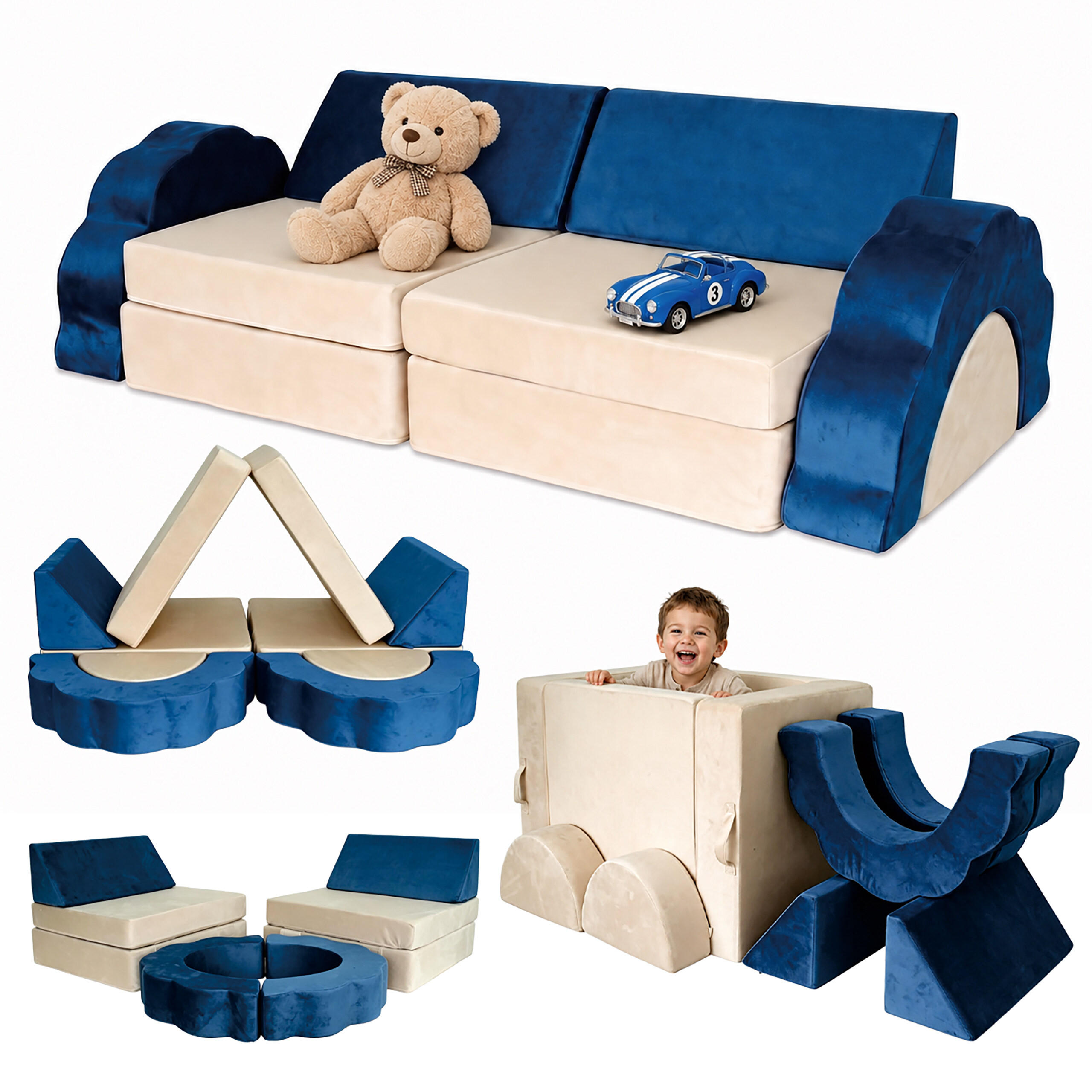 SPIELSOFA Blau Kinder 10-tlg.-Set modular - Multicolor, Kunststoff/Textil (150/47/65cm) - Relaxdays