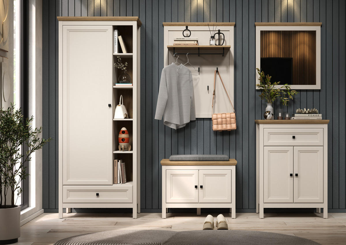 GARDEROBENBANK Kaschmir, Stein Eiche Landhaus 76 cm, Sitzbank mit Soft-Close - Kaschmir/Eichefarben, Holzwerkstoff/Kunststoff (76/57/41cm) - Top.Furn