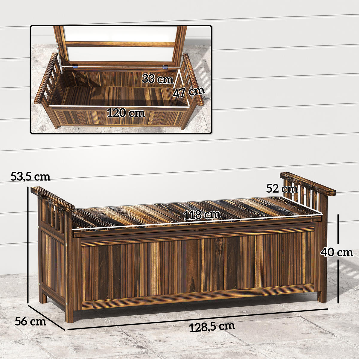 GARTENBANK 2-Sitzer DE-08292 mit Stauraum, Armlehnen Verkohlt - Naturfarben, Holz (128.5/53.5/52cm) - ComfortXL