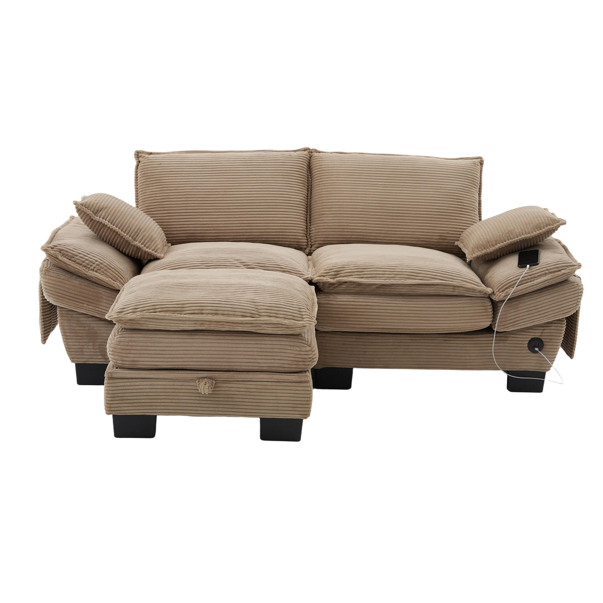 2-SITZER SOFA Cord Khaki mit Hocker, USB-C und Seitentaschen - Hellbraun, Holzwerkstoff/Kunststoff (190/132cm) - WISHDOR