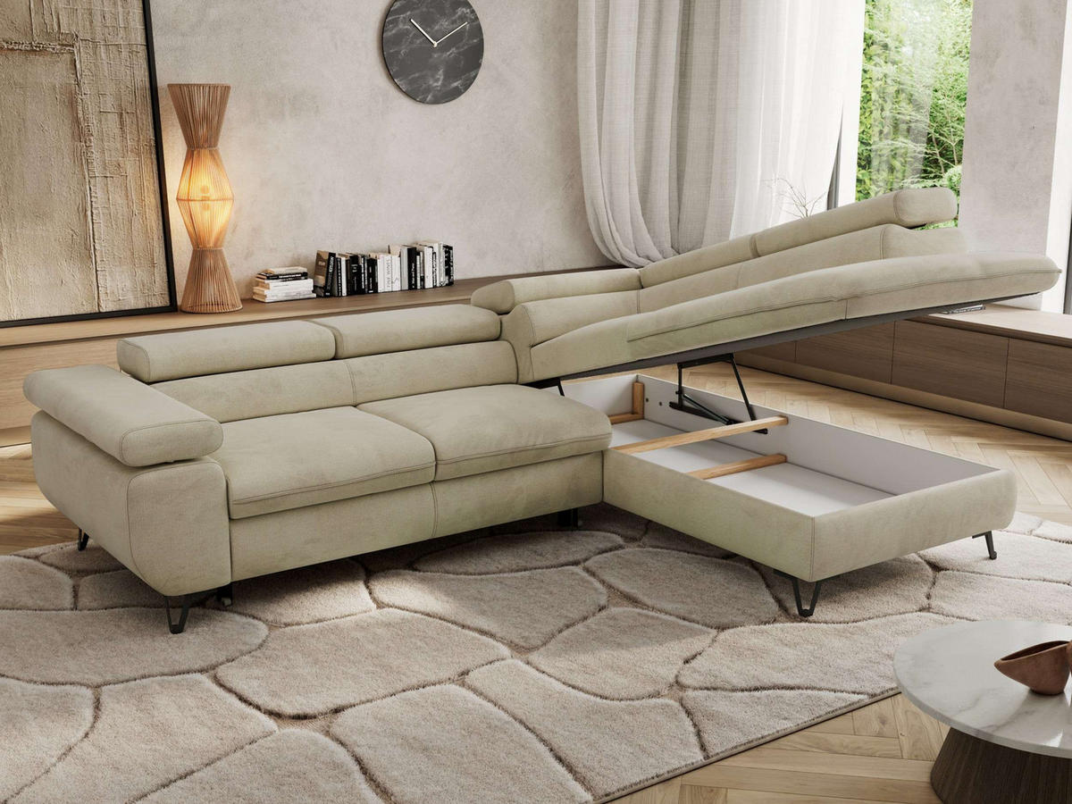 ECKSOFA PABLO L Beige Velvet - Rechts Seite mit Visco Topper - Beige/Schwarz, Textil/Metall (273/208cm) - MKS