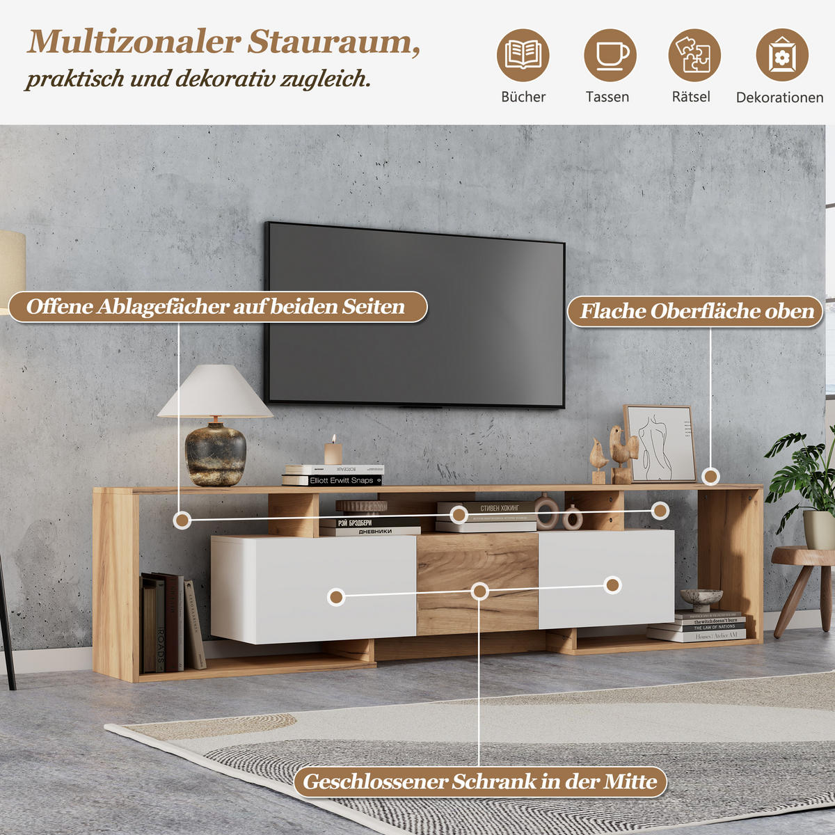 LOWBOARD in Weiß und Naturfarben mit 2 Klapptüren für Wohnzimmer, B180/T30/H49 - Weiß, Holzwerkstoff (180/49/30cm) - STILVORA