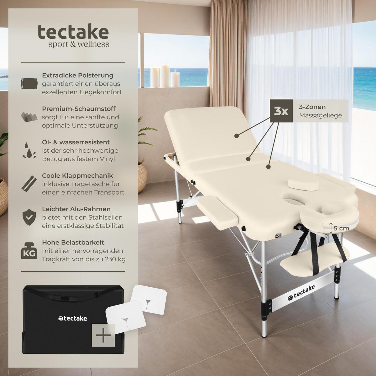 MASSAGELIEGE 3 Zonen Phuket,212 x 103 x 90 cm,beige - Beige, Metall (103/90/212cm) - tectake