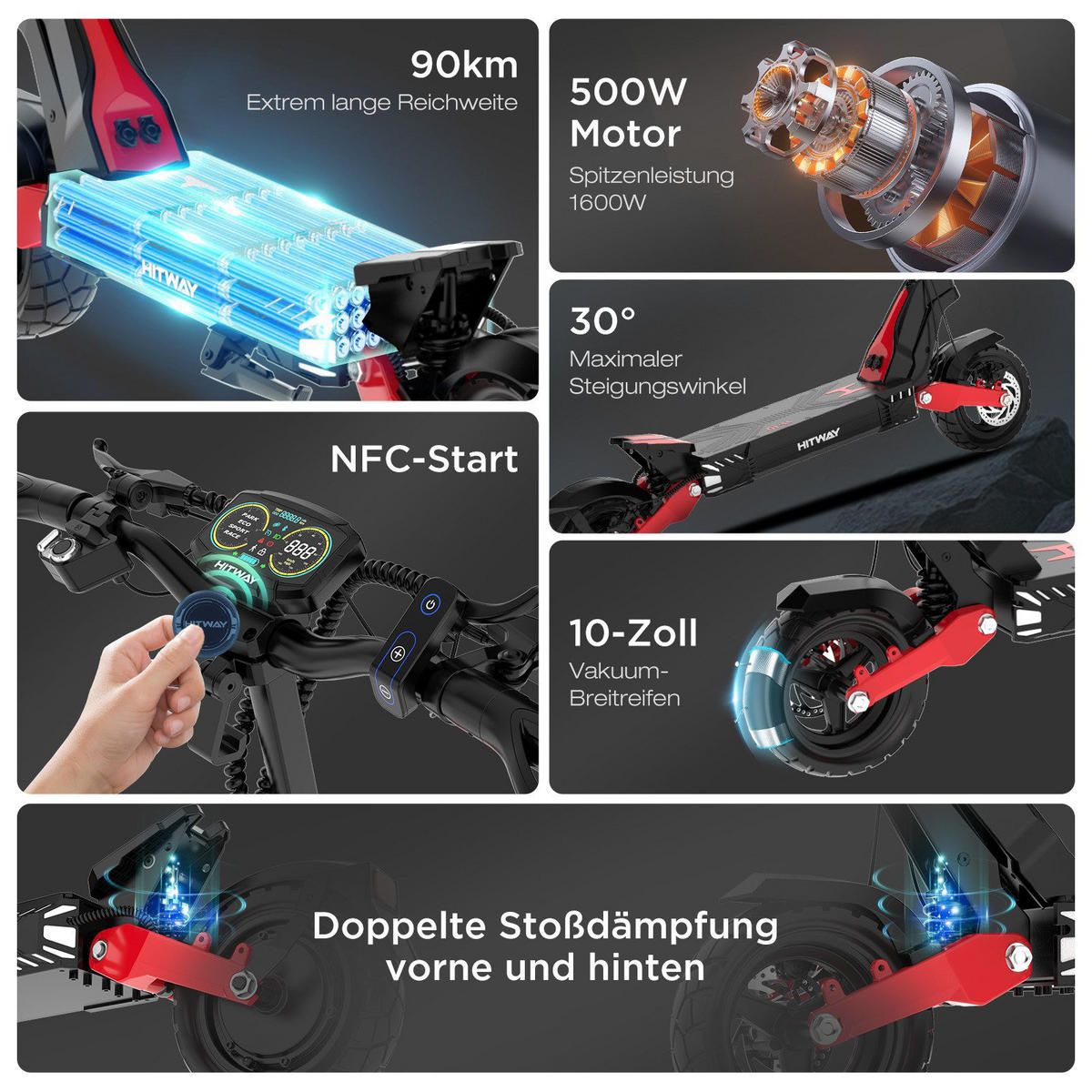 E-SCOOTER H10 ABE 20,8Ah Max 90km - Schwarz, Metall (68/140/125cm) - HITWAY