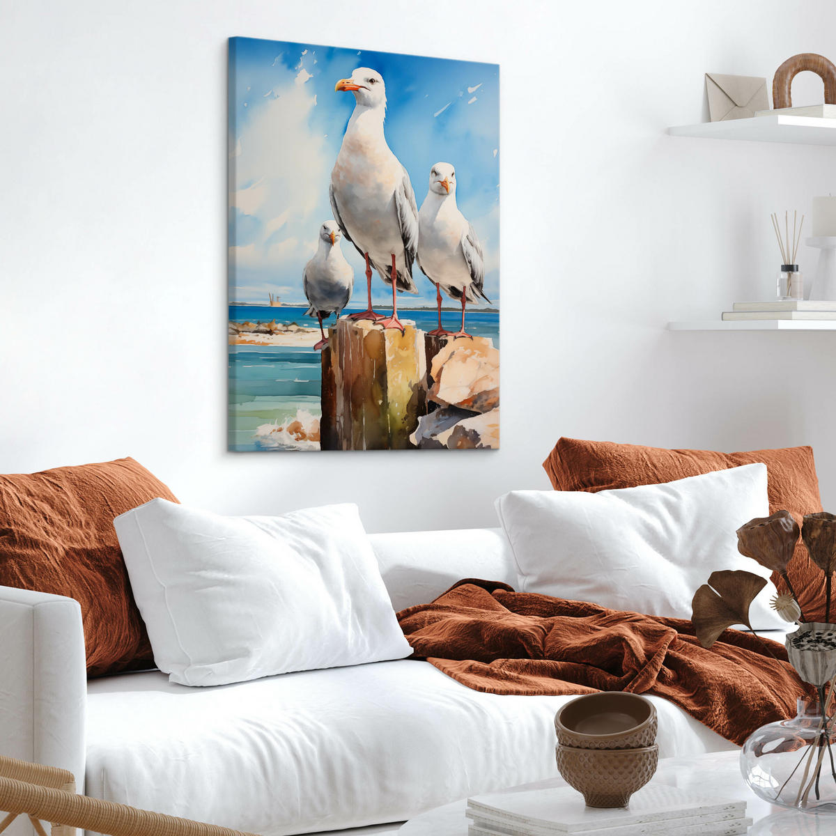 LEINWANDBILD Abstrakte Möwen Vor Dem Meereshintergrund 40x60cm - Blau/Beige, Textil (40/60cm) - Muralo