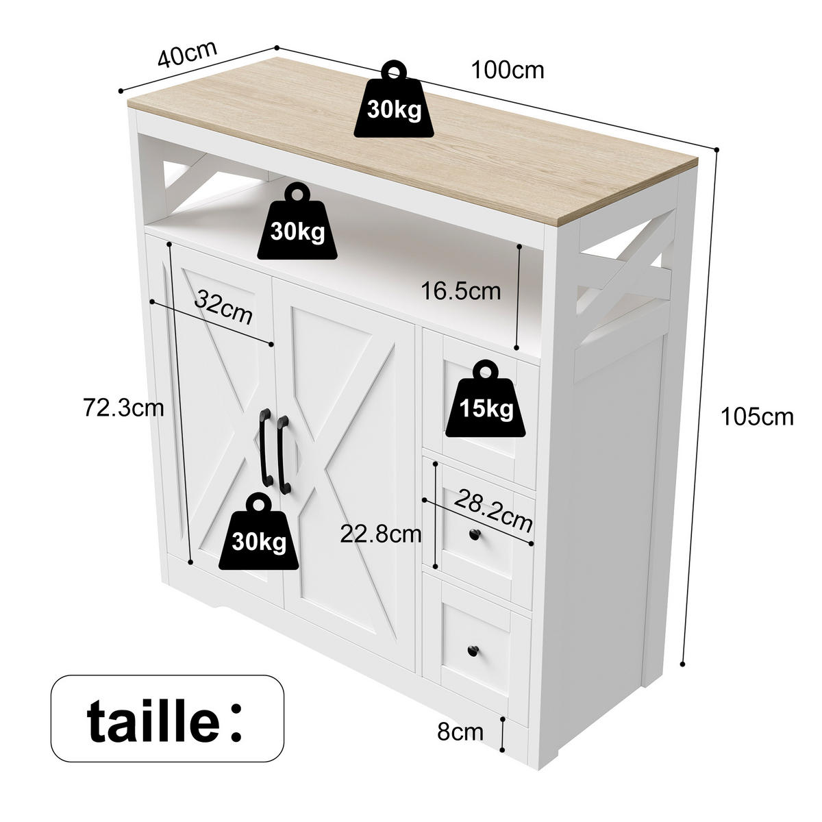 SIDEBOARD 100x40x105 cm 3 Schubladen 2 Türen weiß - Weiß, Holz (100/105/40cm) - LEBENLANG