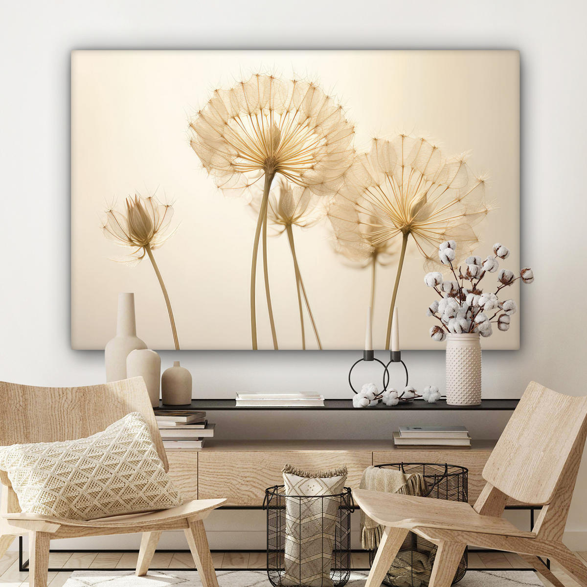 LEINWANDBILD Sonnenlicht - Löwenzahn - Botanisch - Blumen Wohnzimmer 120x80 cm - Creme, Textil (120/80cm) - MuchoWow