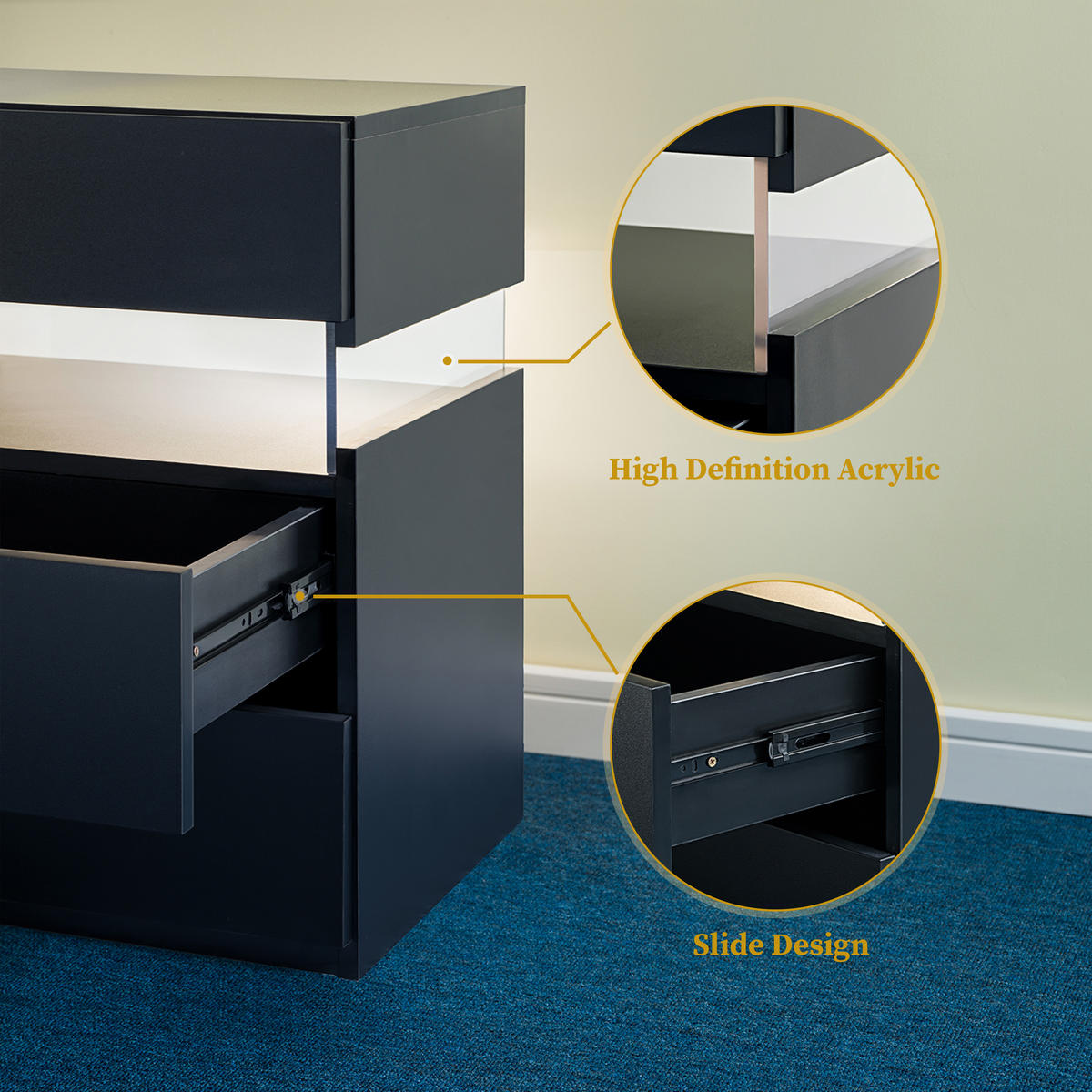 NACHTTISCH 48/38/61 cm schwarz aus Holzwerkstoff mit 3 Schubladen und LED-Beleuchtung - Schwarz, Holzwerkstoff (38/61/48cm) - OKWISH