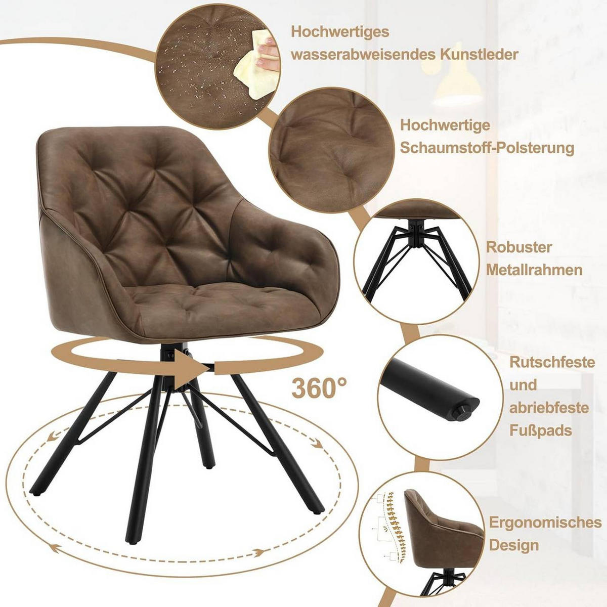 ARMLEHNSTUHL 4er Set, drehbar mit Kunstlederbezug, Braun - Schwarz/Braun, Leder/Kunststoff (57.5/82.5/53cm) - Woltu