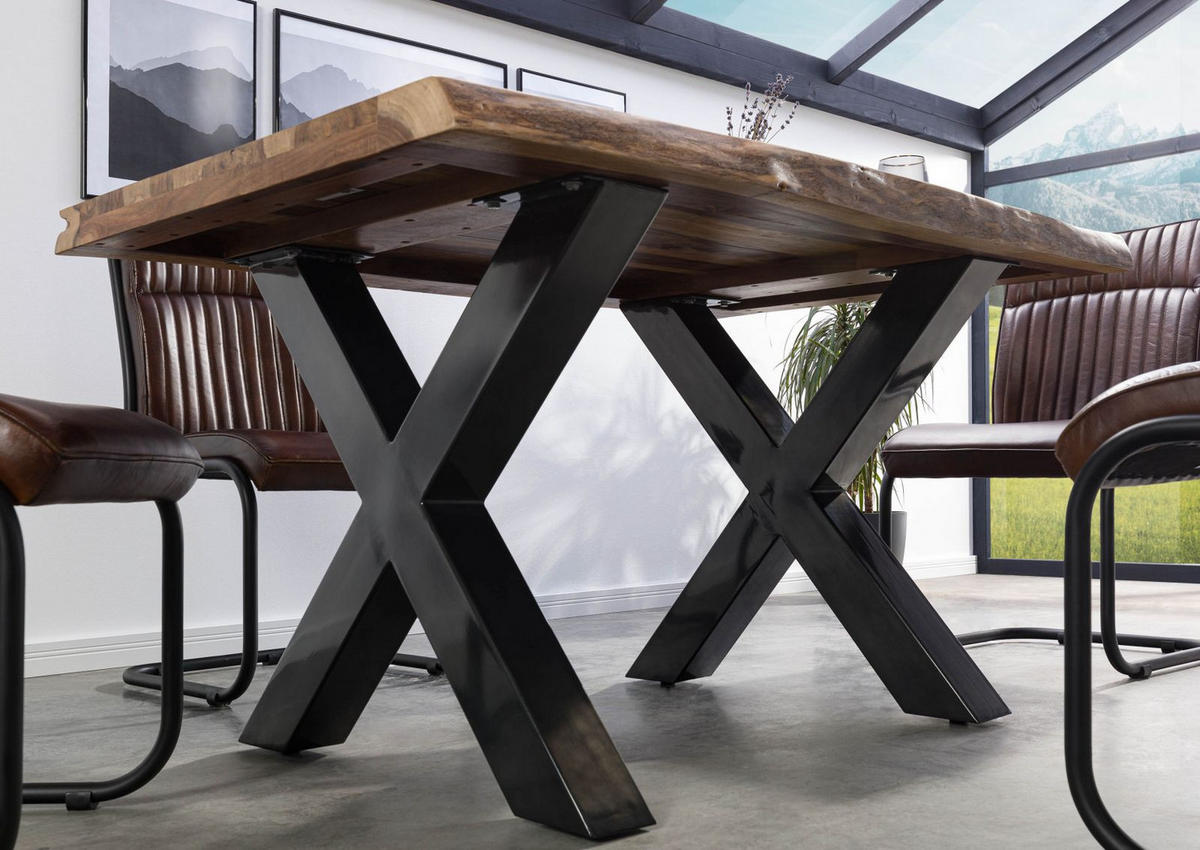 BAUMTISCH Sheesham 140x90x77 natur sandgestrahlt / X-Beine anthrazit glänzend FREEFORM 5 - Braun, Holz (90/140/77cm) - Massivmoebel24