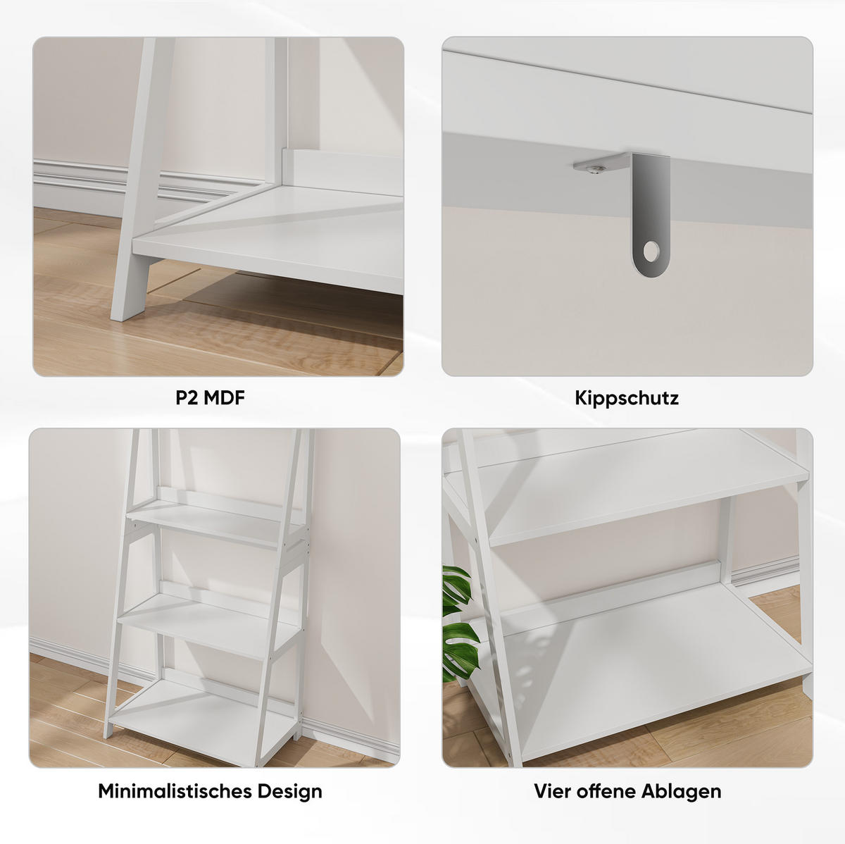 BÜCHERREGAL 4 Ebenen in Weiß – platzsparendes Bücherregal mit Kippschutz - Weiß, Holzwerkstoff (63/150/39cm) - BEAOK