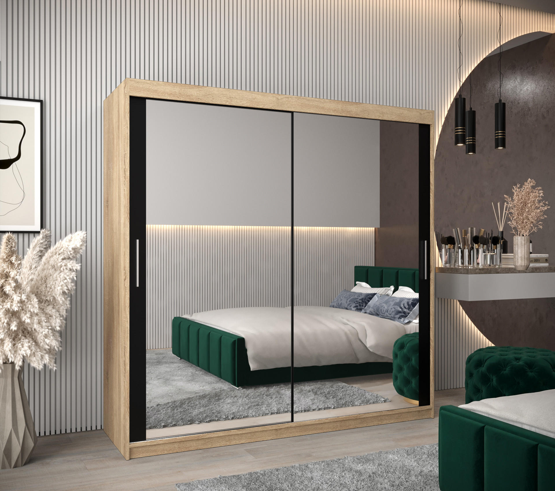 SCHWEBETÜRENSCHRANK 200/200/62 2-türig - Silberfarben/Schwarz, Holz/Kunststoff (200/200/62cm) - Abiks Möbel