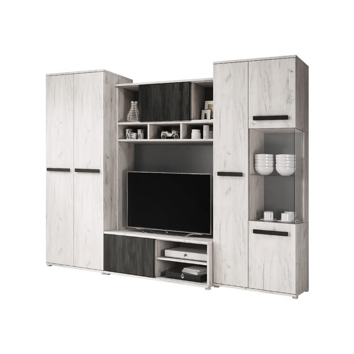 WOHNWAND 4-teilig 280/202/52 cm VIVA + blaue LED-Beleuchtung - Weiß, Holzwerkstoff (280/202/52cm) - imoebel24