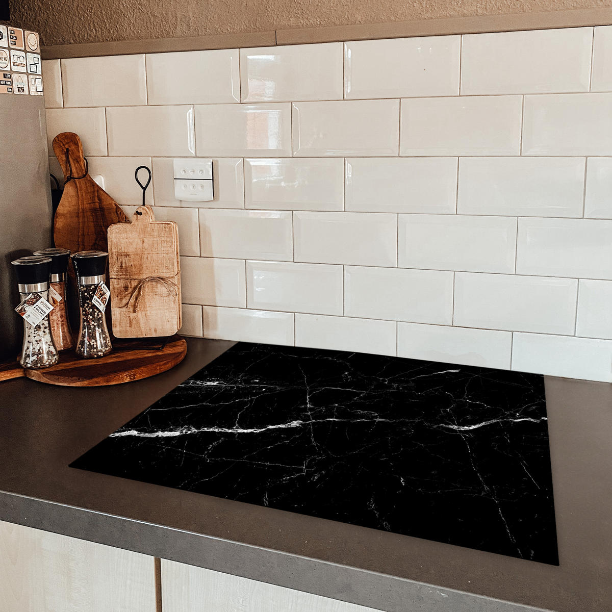 HERDABDECKPLATTE Marmoroptik - Schwarz - Luxus 65x52 cm - Grau, Kunststoff (65/0.2/52cm) - MuchoWow