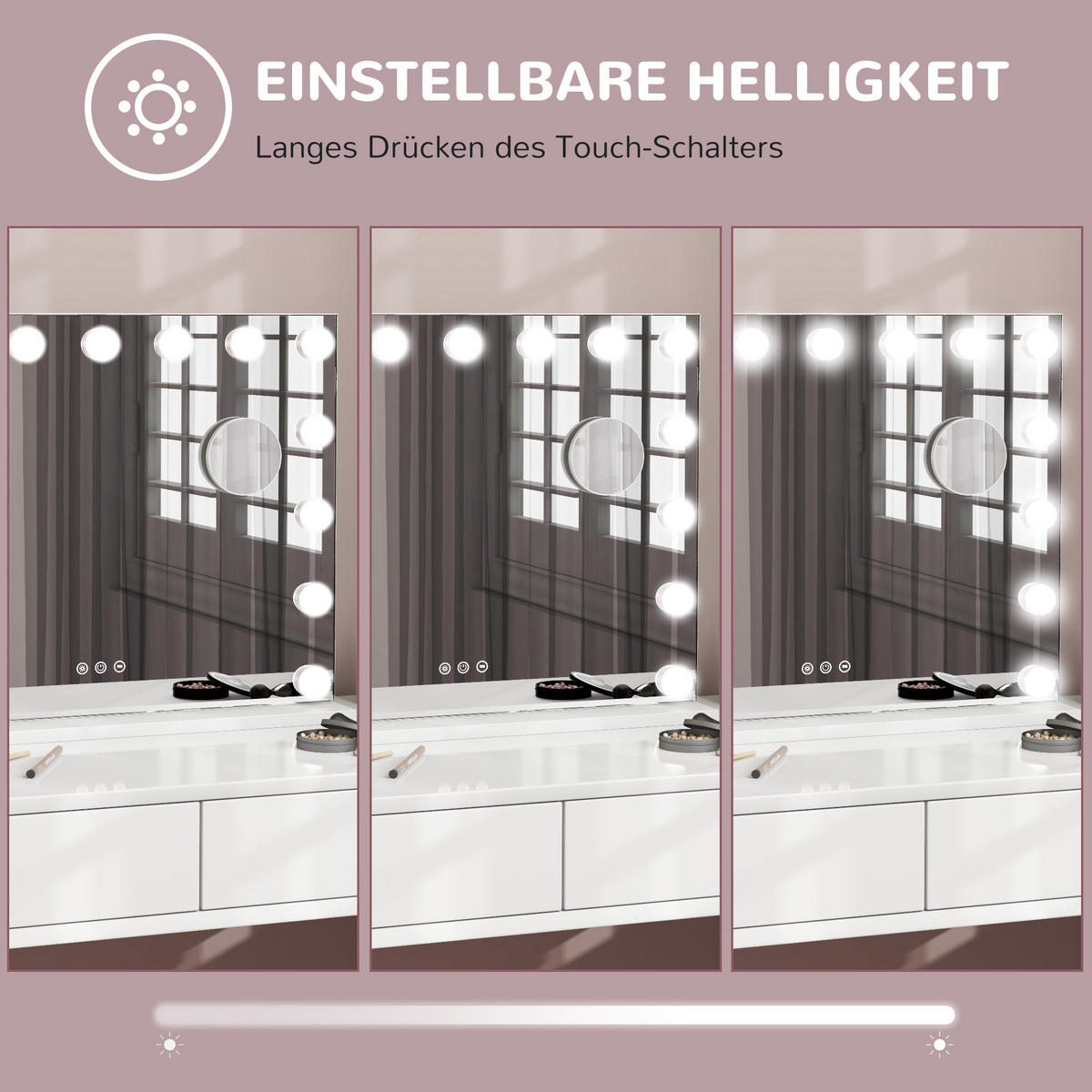HOLLYWOOD Spiegel mit Beleuchtung, Dimmbar Schminkspiegel mit 15 LED Licht - Weiß, Glas (14/48/58cm) - HOMCOM