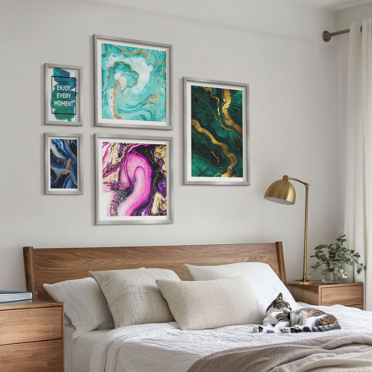 BILDER SET 5er Set - 50x50 cm & 20x30 cm & 40x60 cm Silberner Rahmen - Abstrakte Muster in Rosa, Grün und Blau - Silberfarben, Kunststoff (40/60cm) - TULUP