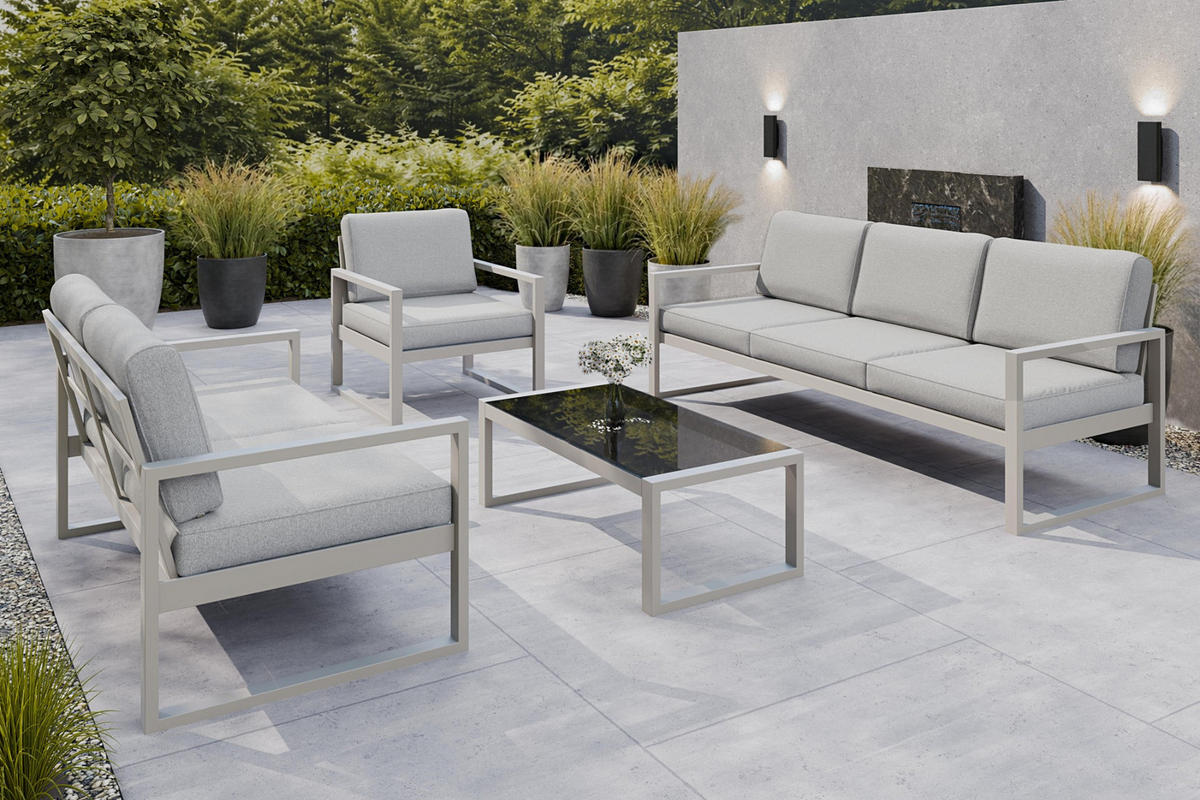GARTENSET Madera für 6 Personen Balkonmöbel Aluminium Terassenmöbel Sitzbank, 4-tlg. Tisch kaschmir, hellgrau - Kaschmir/Hellgrau, Kunststoff/Metall - Margaret Hadas24
