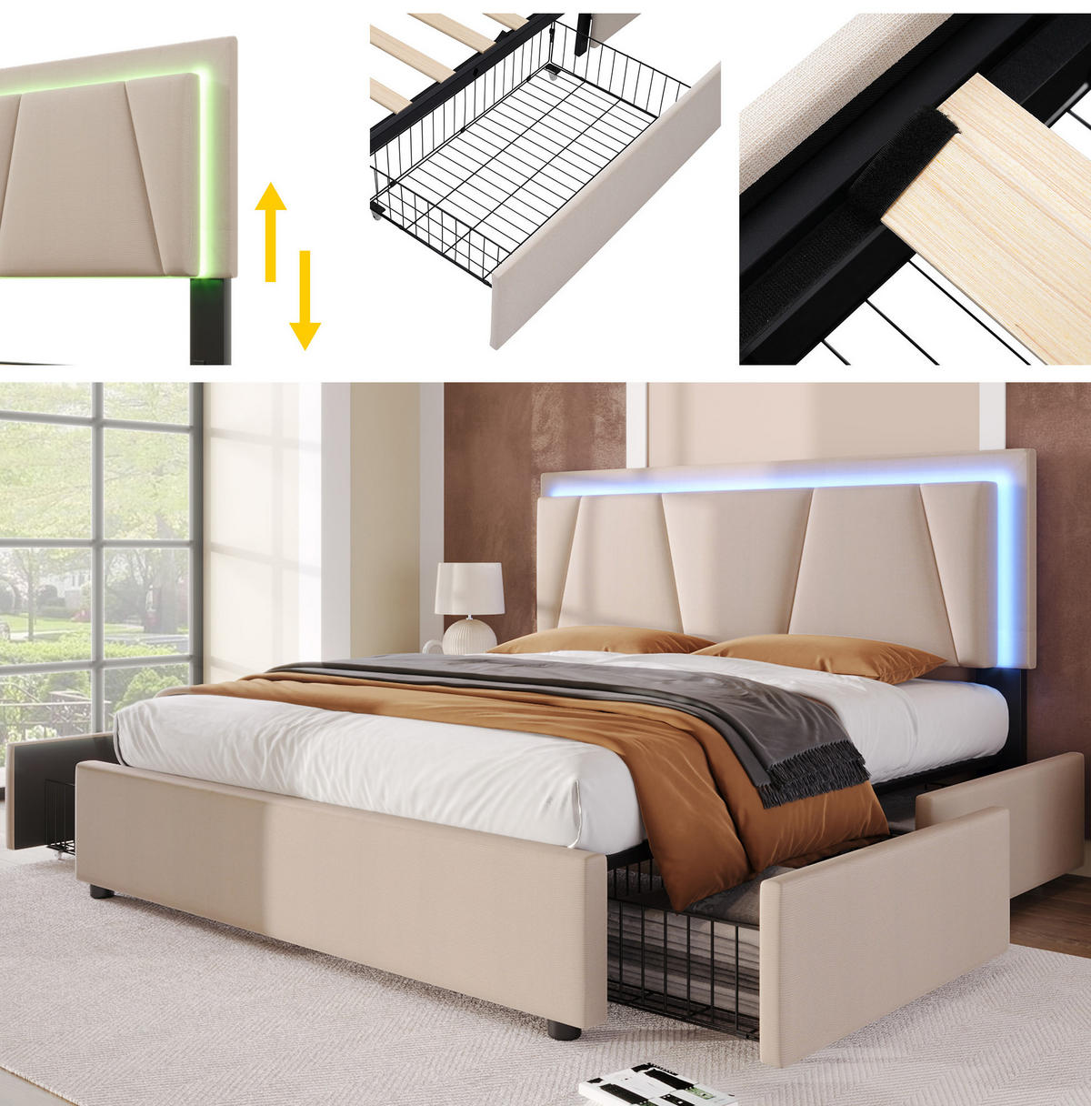 POSTEL s úložným prostorem 160/200 cm béžová z lnu a dřeva s LED osvětlením a nastavitelným čelem - béžová, kompozitní dřevo (160/200cm) - OKWISH