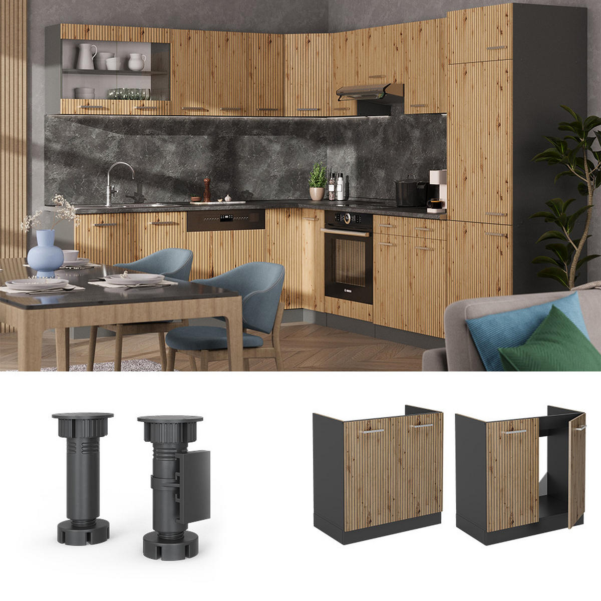 SPÜLENUNTERSCHRANK R-Line Artisan-Eiche 80 cm ohne AP - Anthrazit/Eiche Artisan, Holzwerkstoff (80/81.6/46cm) - Vicco