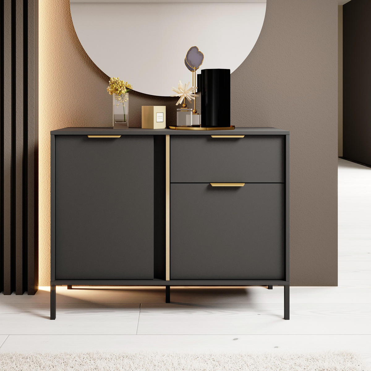 SIDEBOARD Valdi D 103 cm Anthrazit / Gold - mit 2 Türen und 1 Schublade - Anthrazit/Gelb, Holz/Holzwerkstoff (103/81/39cm) - Ravio