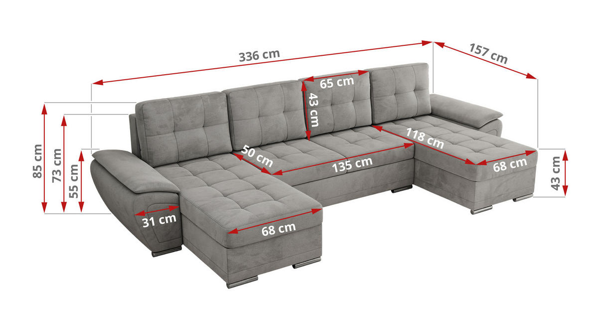 WOHNLANDSCHAFT UMBRIA U Hellgrau Velvet - Hellgrau/Grau, Textil/Metall (336/85/157cm) - MKS