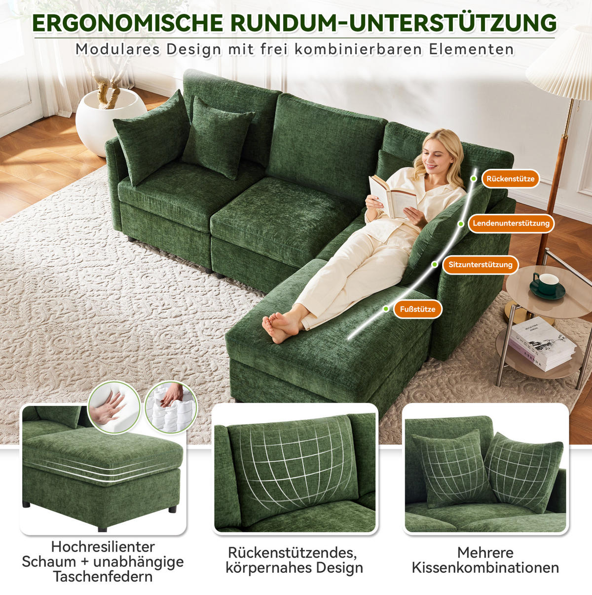 ECKSOFA 216/161/81 cm modular mit beweglichem Hocker und 4 Kissen aus Chenille, Grün - Grün, Textil (216/161cm) - Redom