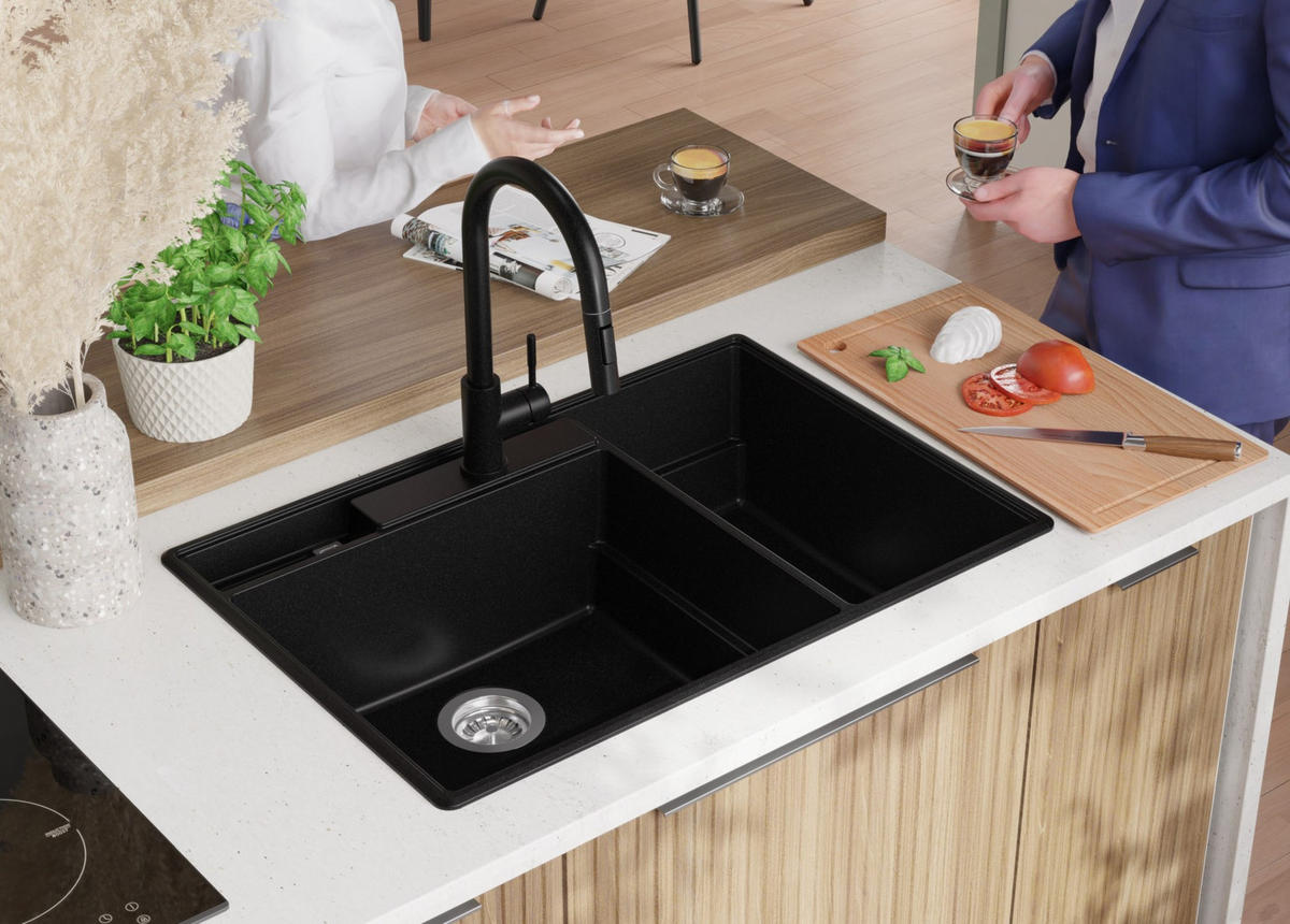 SPÜLBECKEN Paris, 2-er set Schwarz 78/53 cm 2 Becken + Ablauf-Set + Küchenzubehörset ab 80er Unterschrank - Chromfarben/Edelstahlfarben, Kunststoff (78/20/53cm) - Primagran