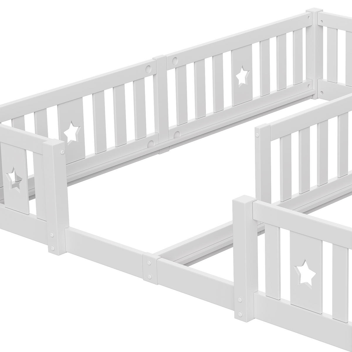 BODENBETT 90x200cm für 2 Kinder mit Rausfallschutz & Sternen-Design, weiß,Ohne Lattenrost - Weiß, Holz - BursDany