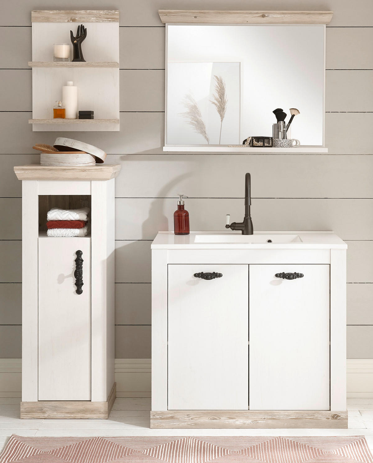 BADKOMBINATION Pinie weiß, Oslo Pinie, Landhaus Badmöbel Set 5-tlg. MIT Waschbecken 143 x 200 cm - Dunkelgrau/Weiß, Holzwerkstoff/Metall (143/200/46cm) - Furn.Design