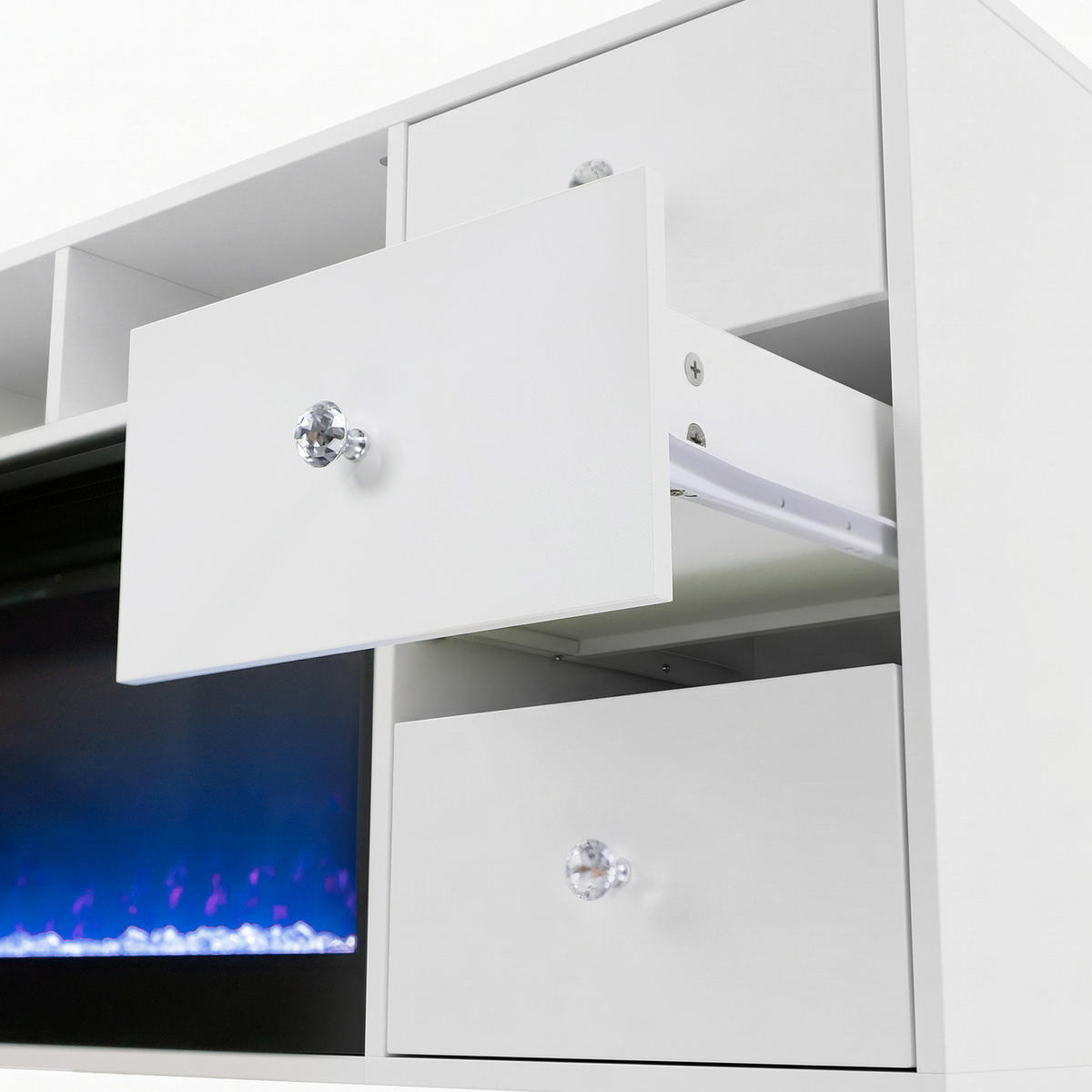 TV-SCHRANK mit Elektrokamin Beleuchtung RGB Lowboard 6 Schubladen 180/40/65CM - Weiß/Grau, Glas/Metall (180/65/40cm) - VANITII