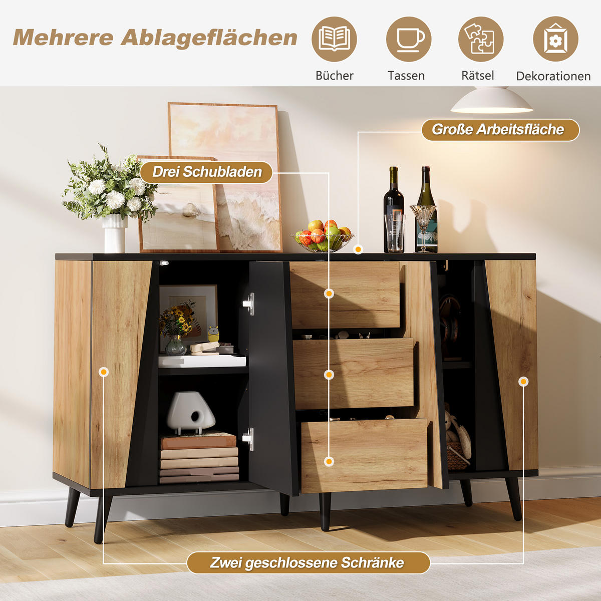 SIDEBOARD 120/40/70 cm mit 2 Türen, 3 Schubladen und verstellbaren Einlegeböden in Holzoptik-Schwarz - Schwarz/Naturfarben, Holzwerkstoff (120/70/40cm) - CHICFURN