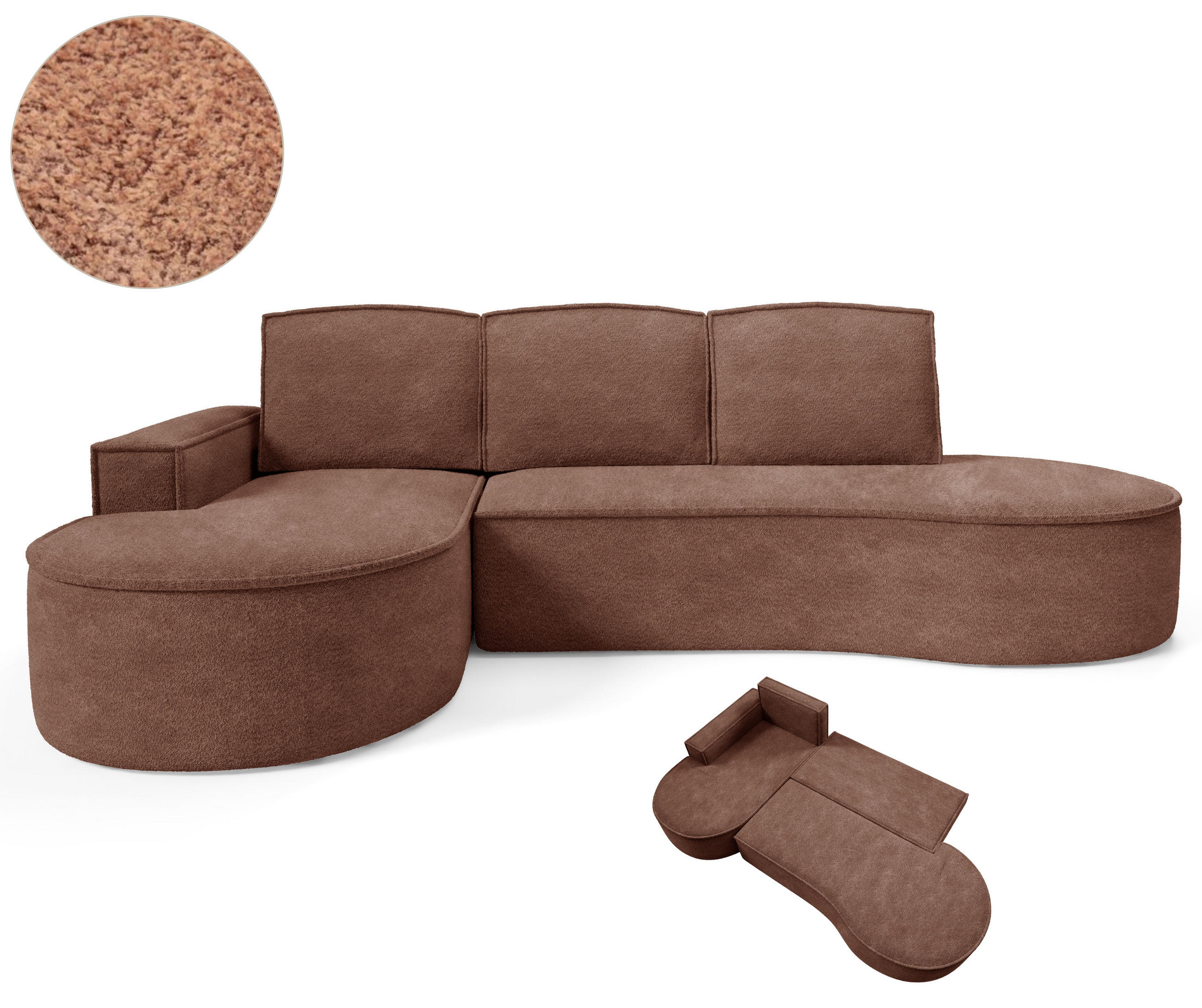ECKSOFA MOLLY mit Schlaffunktion – Halbrund, freistehend, Liegefläche 140x207 cm, 3 Kissen, Abriamo-Stoff, 277x157x88 cm, Links Braun - Braun, Holz/Textil (157/277cm) - DomoHome